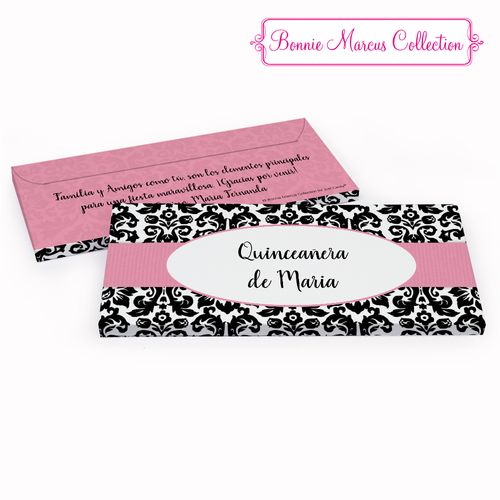 Deluxe Personalized Bonnie Marcus Black & White Pattern Quinceaera Chocolate Bar in Gift Box