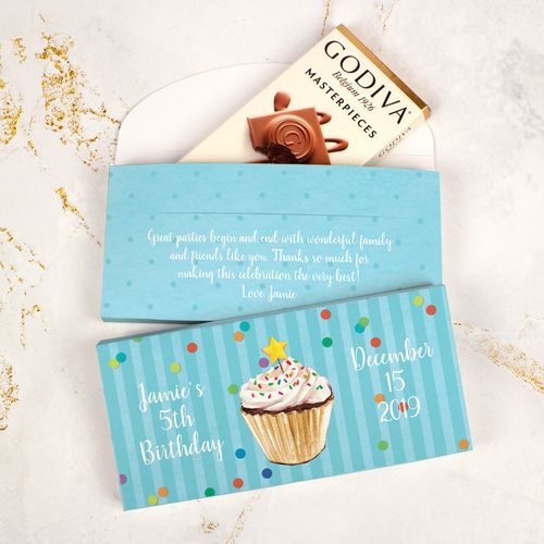 Deluxe Personalized Bonnie Marcus Birthday Cupcake Dazzle Godiva Chocolate Bar in Gift Box