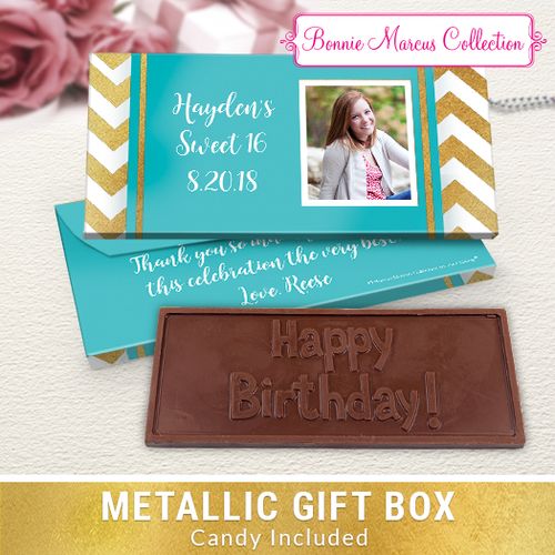 Deluxe Personalized Turquoise Chevron Birthday Chocolate Bar in Metallic Gift Box