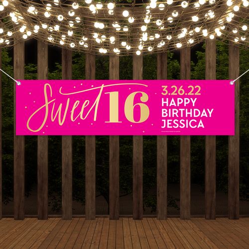 Personalized Birthday Sweet 16 Pink and Gold Banner