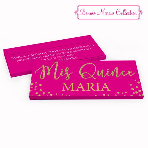 Deluxe Personalized Bonnie Marcus Gold Sparkle Quinceaera Chocolate Bar in Gift Box