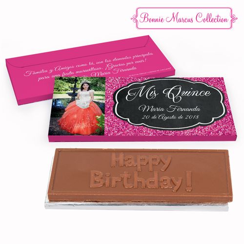 Deluxe Personalized Bonnie Marcus Pink Sparkle Quinceaera Embossed Chocolate Bar in Gift Box