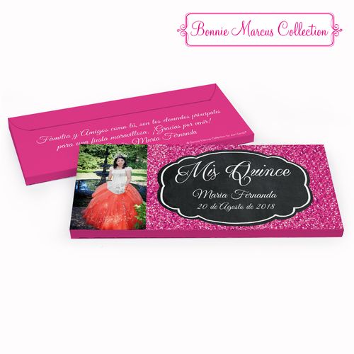 Deluxe Personalized Bonnie Marcus Pink Sparkle Quinceaera Chocolate Bar in Gift Box