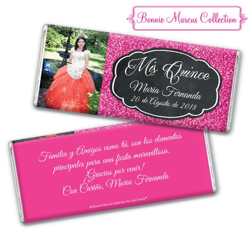 Personalized Bonnie Marcus Pink Sparkle Quinceanera Chocolate Bar & Wrapper