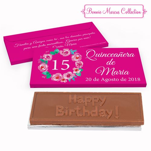 Deluxe Personalized Bonnie Marcus Quinceaera Wreath Quinceaera Embossed Chocolate Bar in Gift Box