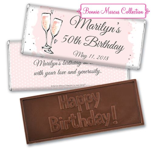 Personalized Bonnie Marcus Embossed Chocolate Bar & Wrapper - Birthday Bubbly Party Pink