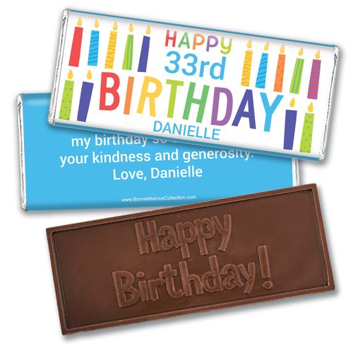 Personalized Bonnie Marcus Birthday Colorful Candles Embossed Chocolate Bar & Wrapper