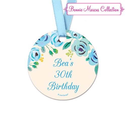 Personalized Blue Flowers Birthday Round Favor Gift Tags (20 Pack)