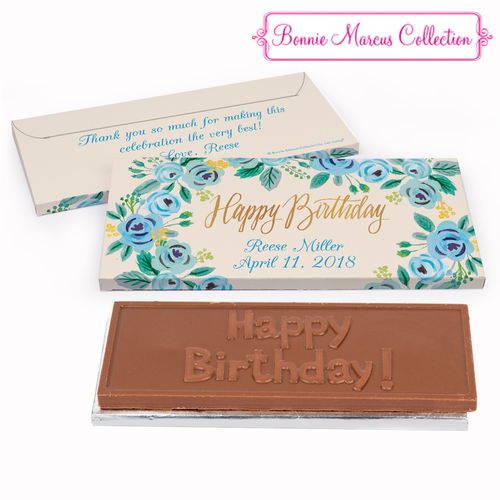 Deluxe Personalized Blue Flowers Birthday Chocolate Bar in Gift Box