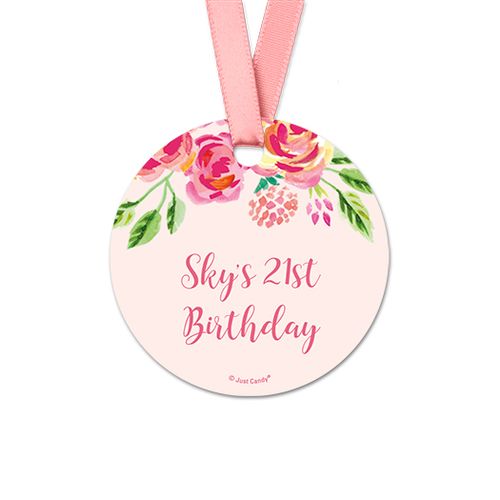 Personalized Pink Flowers Birthday Round Favor Gift Tags (20 Pack)