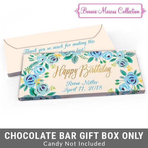 Deluxe Personalized Blue Flowers Birthday Candy Bar Favor Box