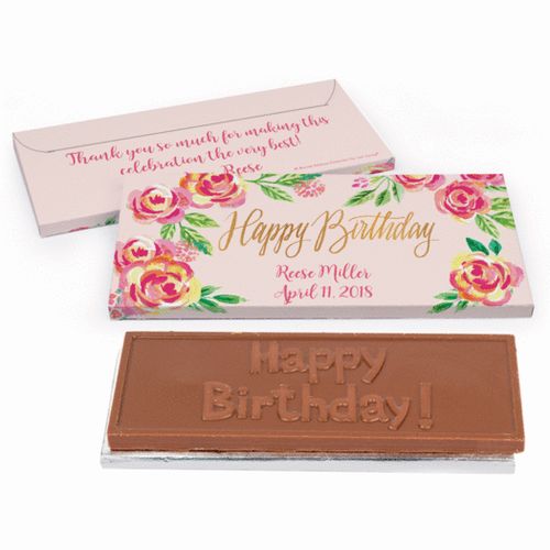 Deluxe Personalized Pink Flowers Birthday Chocolate Bar in Gift Box