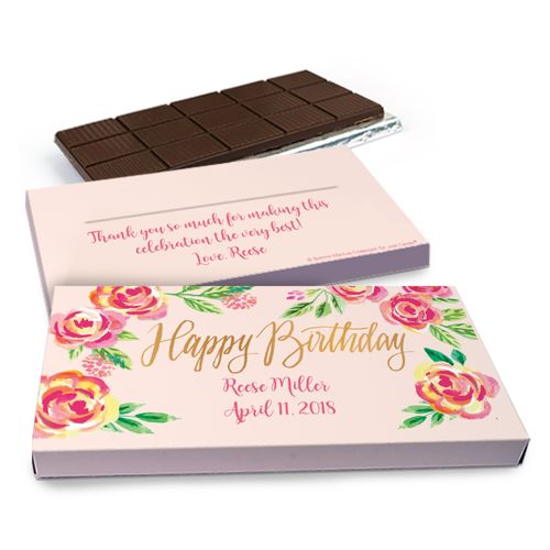 Deluxe Personalized Pink Flowers Chocolate Bar in Gift Box (3oz Bar)
