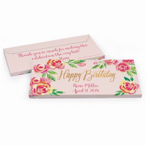 Deluxe Personalized Pink Flowers Birthday Hershey's Chocolate Bar in Gift Box