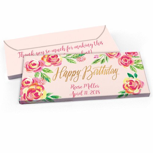 Deluxe Personalized Pink Flowers Birthday Candy Bar Favor Box