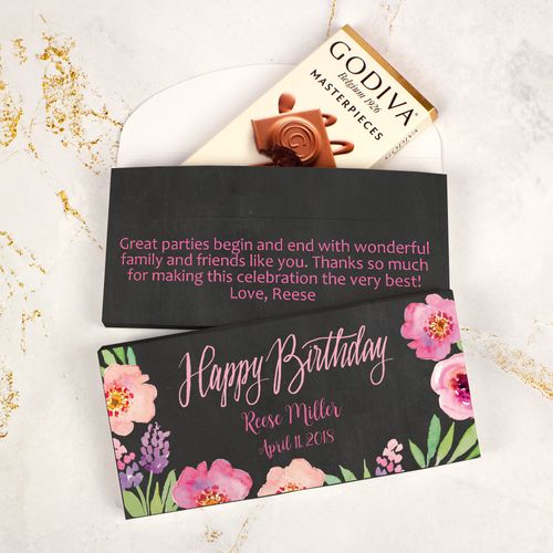 Deluxe Personalized Bonnie Marcus Birthday Floral Embrace Godiva Chocolate Bar in Gift Box