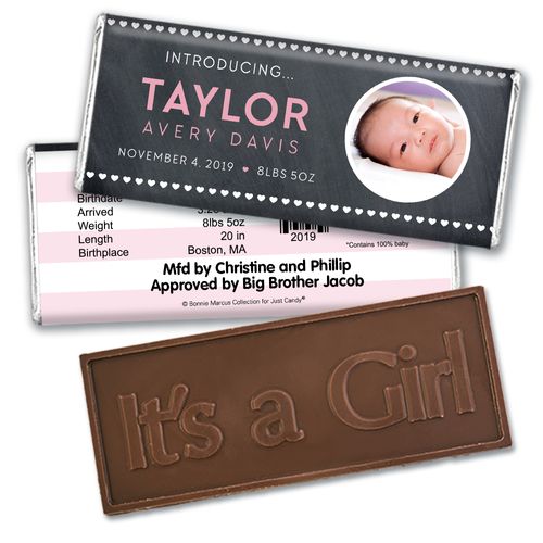 Bonnie Marcus Collection Personalized Photo Embossed It's a Girl Bar Hearts Birth Announcement