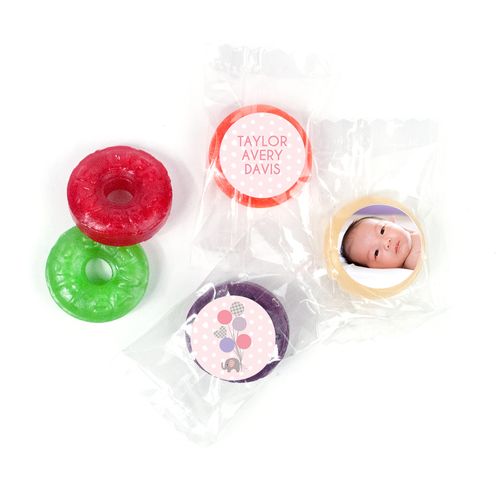 Bonnie Marcus Personalized LifeSavers 5 Flavor Hard Candy Baby Elephants Girl Birth Announcement (300 Pack)