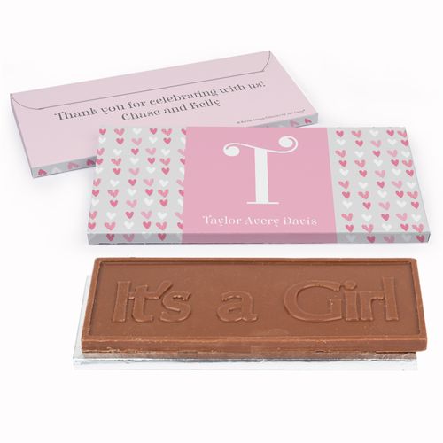 Deluxe Personalized Pink Hearts Baby Girl Announcement Chocolate Bar in Gift Box