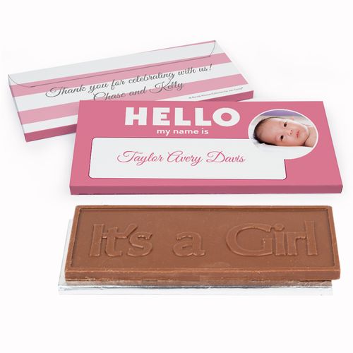 Deluxe Personalized Name Tag Baby Girl Announcement Chocolate Bar in Gift Box