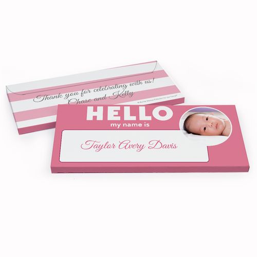 Deluxe Personalized Name Tag Baby Girl Announcement Candy Bar Favor Box