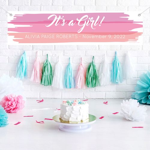 Personalized Watercolor Baby Girl Announcements 5 Ft. Banner