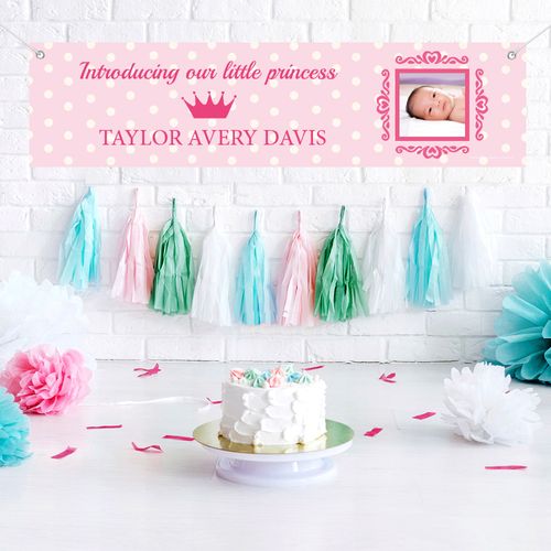 Personalized Polka Dots & Crown Baby Girl Announcements 5 Ft. Banner