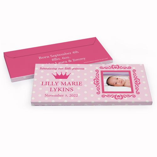 Deluxe Personalized Polka Dots & Crown Baby Girl Announcement Chocolate Bar in Gift Box