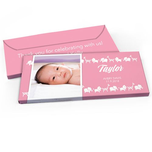 Deluxe Personalized Animal Parade Baby Girl Announcement Chocolate Bar in Gift Box
