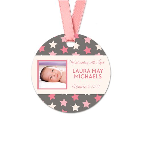 Personalized Baby Girl Bonnie Marcus Star Birth Announcement Round Favor Gift Tags (20 Pack)