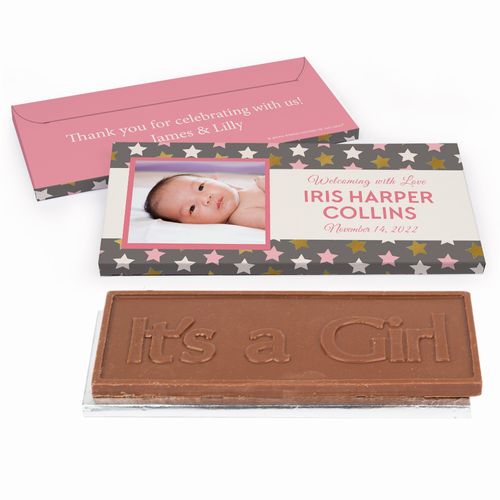 Deluxe Personalized Star Girl Baby Girl Announcement Chocolate Bar in Metallic Gift Box