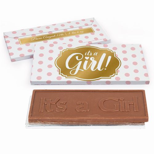 Deluxe Personalized Watermark Baby Girl Announcement Chocolate Bar in Metallic Gift Box