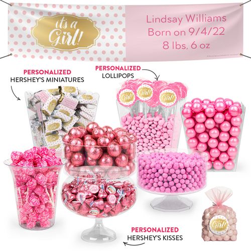 Personalized Girl Birth Announcement It's a Girl Polka Dots Deluxe Candy Buffet