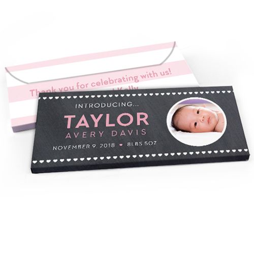 Deluxe Personalized Hearts Baby Girl Announcement Candy Bar Favor Box