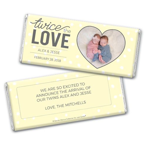 Personalized Bonnie Marcus Twice the Love Birth Announcement Chocolate Bar Wrappers Only