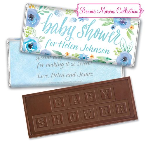 Personalized Bonnie Marcus Embossed Chocolate Bar & Wrapper - Baby Shower Blue Watercolor Wreath