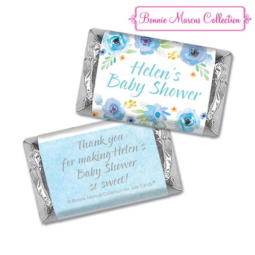 Personalized Hershey's Miniatures - Bonnie Marcus Baby Shower Watercolor Blossom Wreath Blue