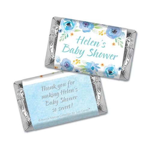 Personalized Mini Wrappers Only - Bonnie Marcus Baby Shower Watercolor Blossom Wreath Blue