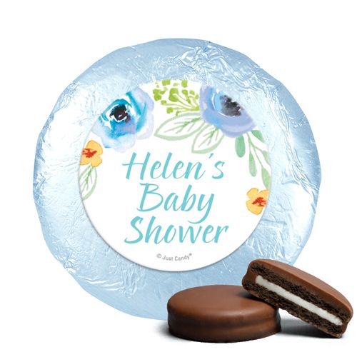 Personalized Milk Chocolate Covered Oreos - Bonnie Marcus Baby Shower Watercolor Blossom Wreath Blue