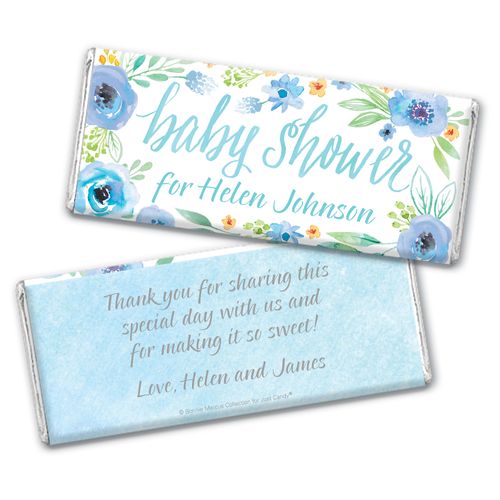 Personalized Bonnie Marcus Chocolate Bar Wrappers Only - Baby Shower Blue Watercolor Wreath
