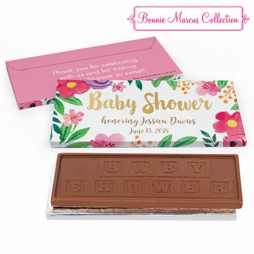 Deluxe Personalized Watercolor Flowers Baby Shower Embossed Chocolate Bar in Gift Box