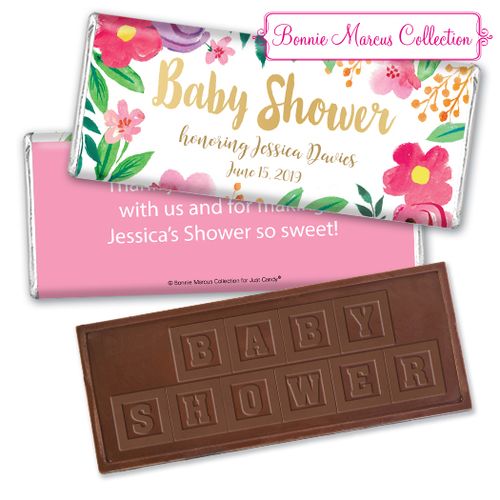 Personalized Bonnie Marcus Fun Floral Baby Shower Embossed Chocolate Bar & Wrapper