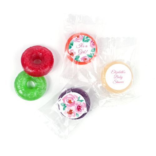 Personalized Bonnie Marcus Baby Shower Pink Floral Wreath LifeSavers 5 Flavor Hard Candy