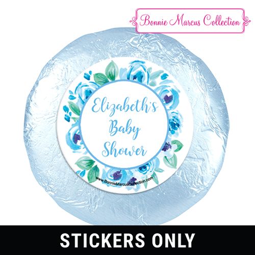 Personalized Bonnie Marcus Baby Shower Blue Floral Wreath 1.25in Stickers (48 Stickers)