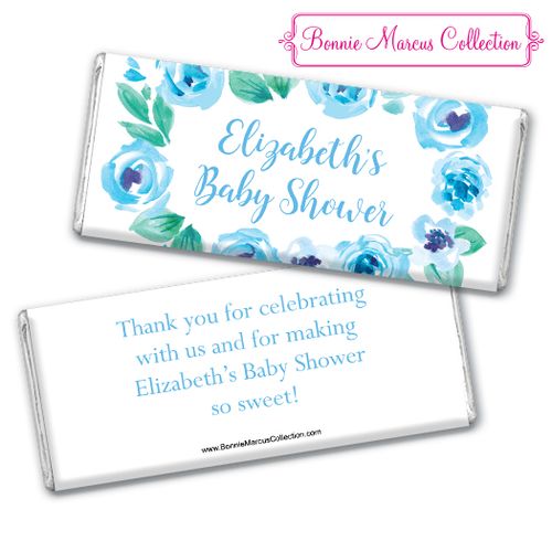 Personalized Bonnie Marcus Baby Shower Blue Floral Wreath Chocolate Bar