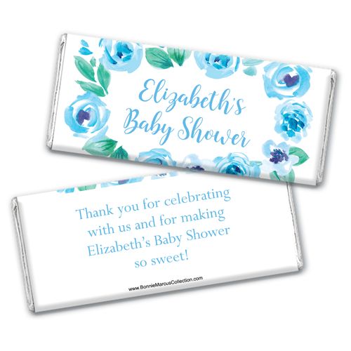 Personalized Bonnie Marcus Baby Shower Blue Floral Wreath Chocolate Bar Wrappers