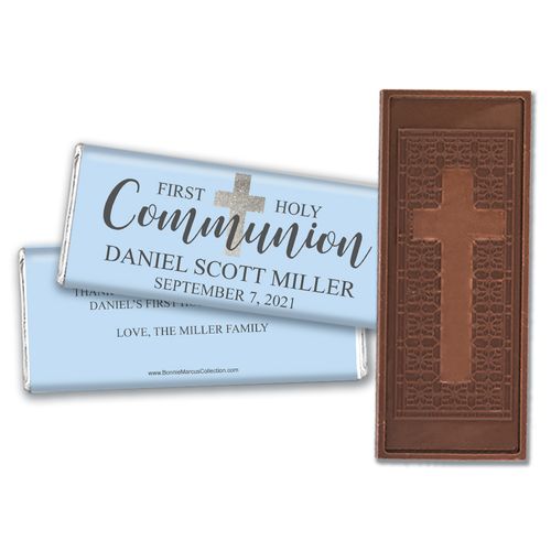 Personalized Bonnie Marcus Boy First Communion Shimmering Cross Embossed Chocolate Bars