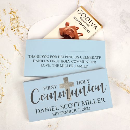Deluxe Personalized First Communion Godiva Chocolate Bar in Gift Box- Bonnie Marcus Boy Shimmering Cross