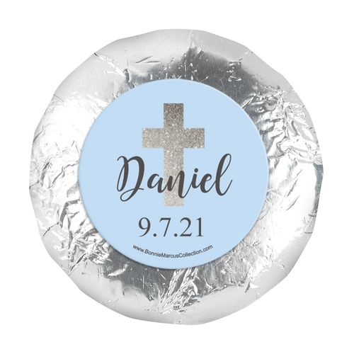 Personalized 1.25" Stickers - Boy First Communion Shimmering Cross (48 Stickers)