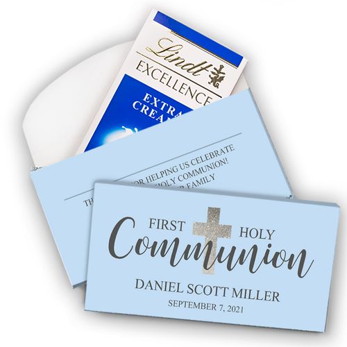 Deluxe Personalized First Communion Lindt Chocolate Bar in Gift Box- Bonnie Marcus Boy Shimmering Cross